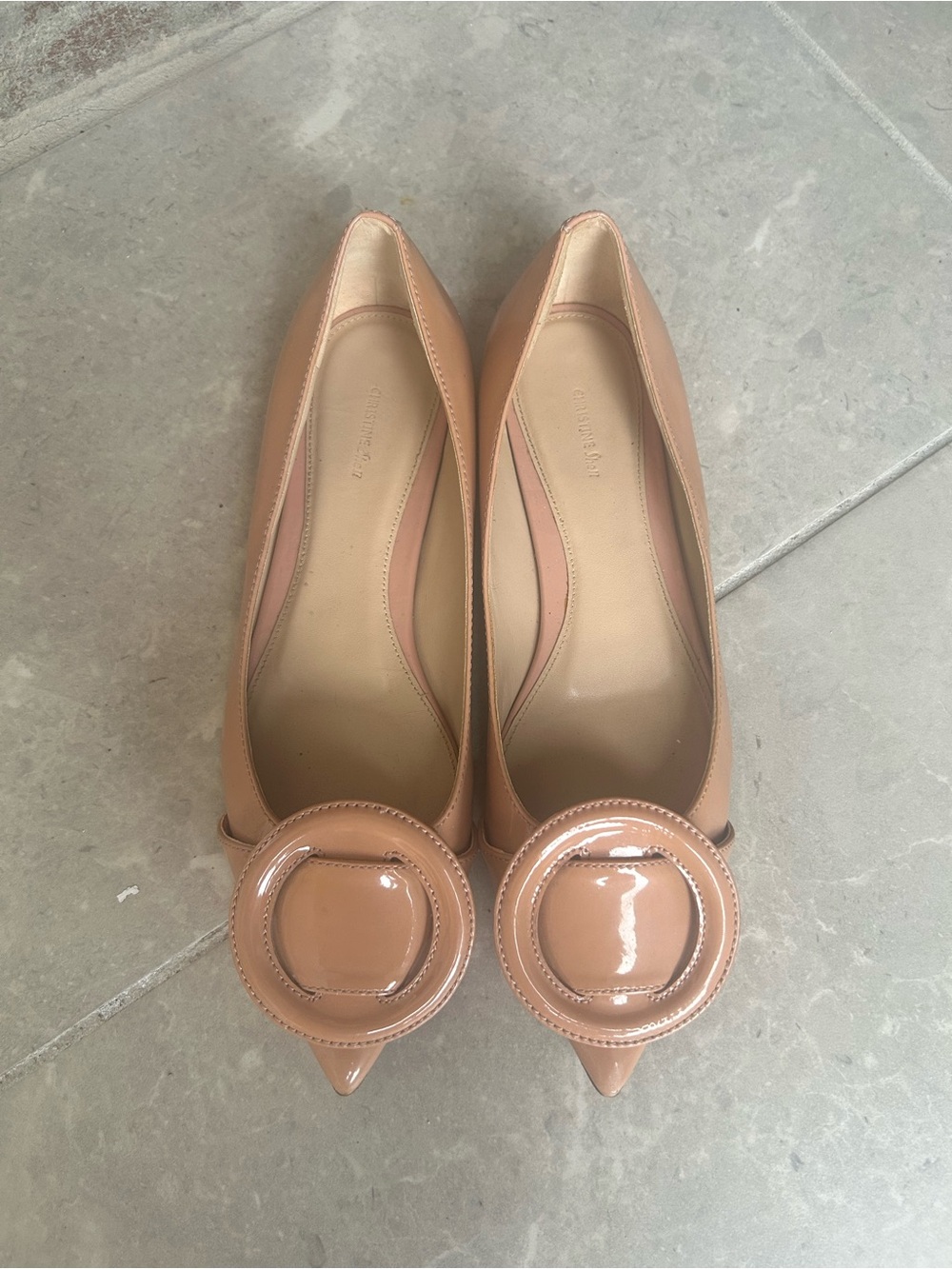 Women Nude Patent Buckle Pointed Flats shoes size 38